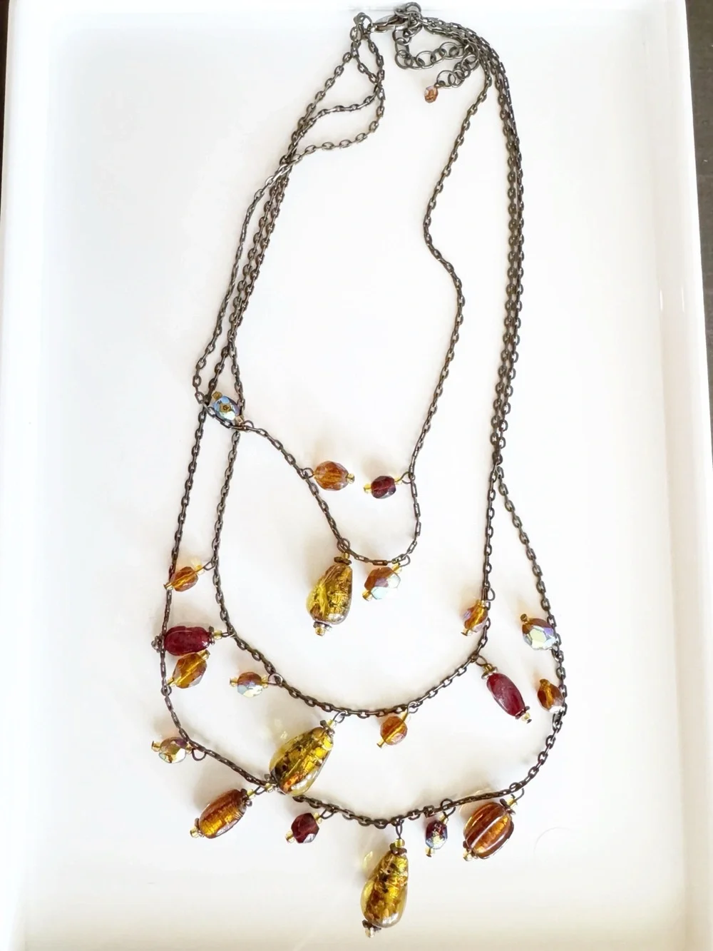 Multi-Layered Gold Tone Necklace with Iridescent Amber and Pink‎ Glass Drops